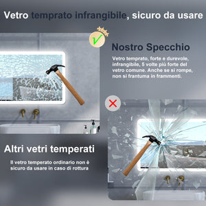 Specchio da bagno Rettangolare con 70x50cm,Blue tooth,3 colori,Memoria, Antifog,Regorabile,Retroilluminato,doppio interruttore,