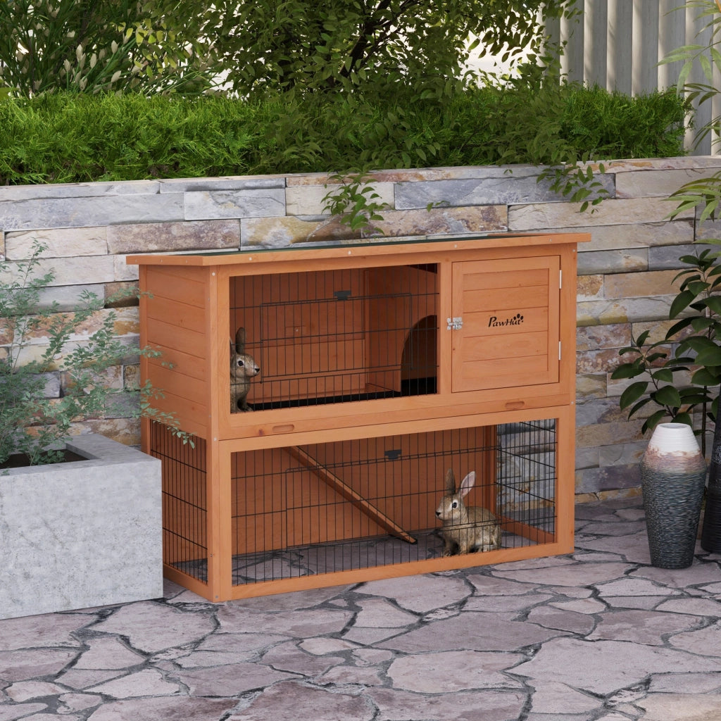 Gabbia per Conigli in Legno Antisettico a 2 Piani con Recinto ¨C zephmum ¨C Arancione 92cm