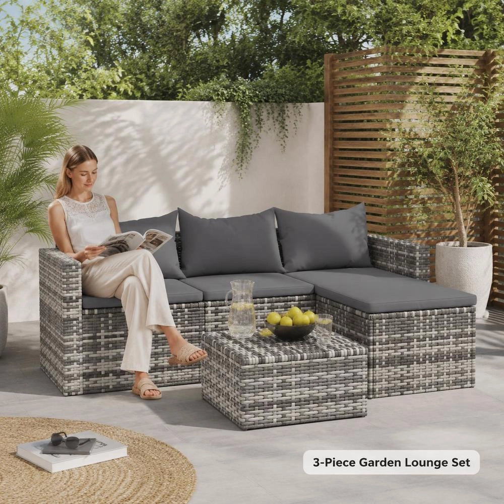 3-piece Garden Lounge Set With Cushions, Grey Poly Rattan
