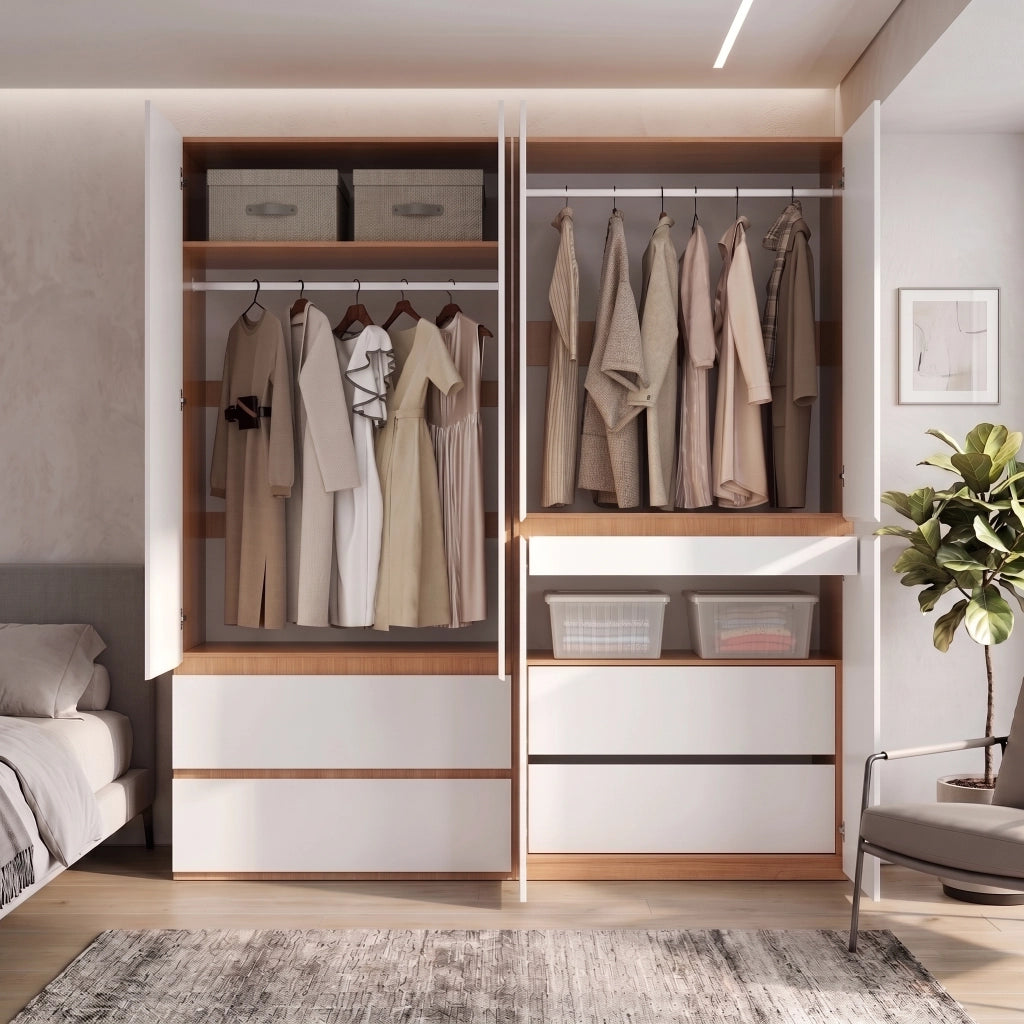 Armadio 6 ante con 2 appendiabiti e 5 cassetti in MDF e pannello truciolare bianco