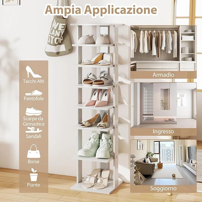 Scarpiera a 7 Ripiani, Scaffale Portascarpe in Legno con 2 Ripiani di Diverse Altezze, Scaffale Portaoggetti Multifunzione per Ingresso Soggiorno Camera da Letto, 28,5x25,5x110 cm (Grigio)