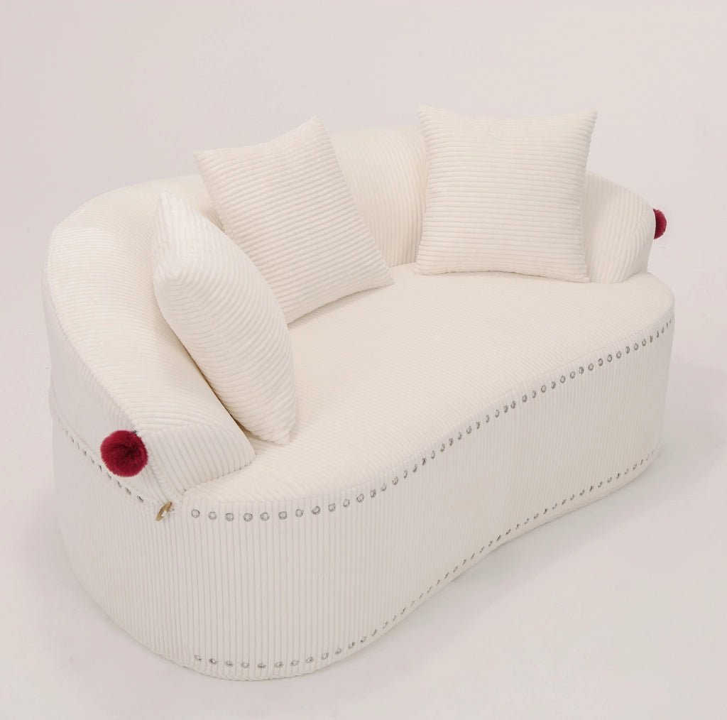Divano 2 posti ULEVR 43x45x104 cm in velluto a coste bianco, design curvo con 3 cuscini