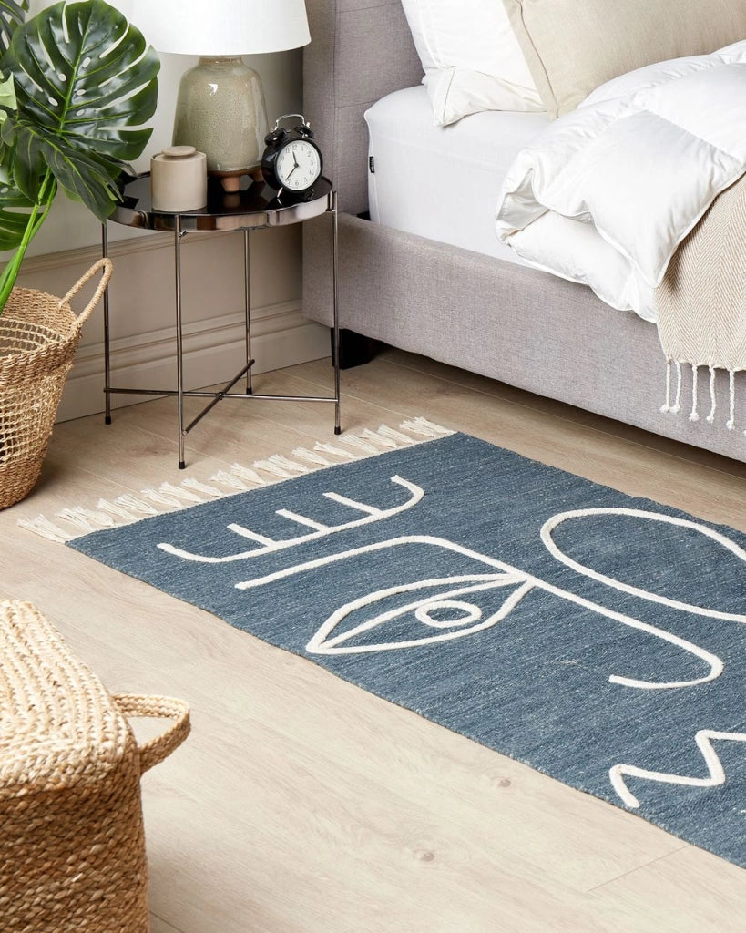 Tappeto blu 80 x 150 cm poliestere con nappe stile boho soggiorno camera da letto