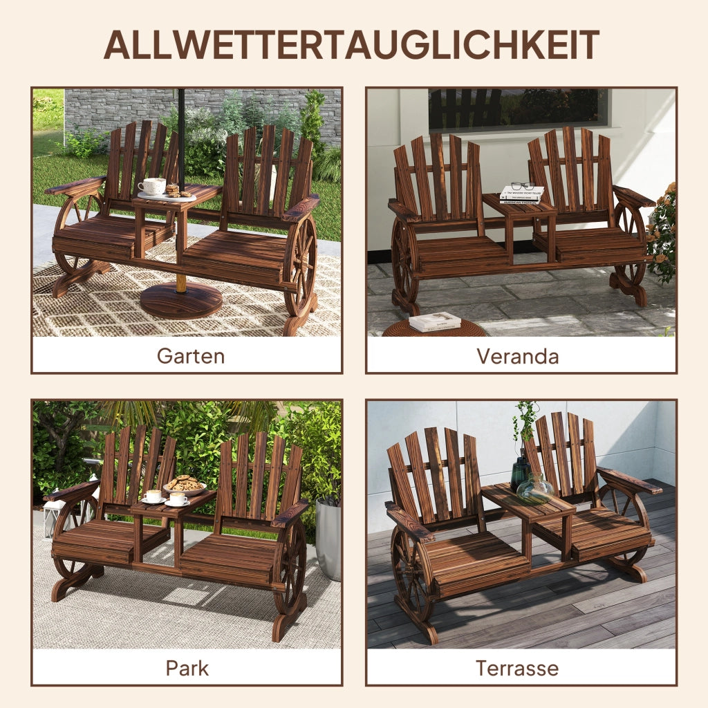 Panca da giardino 2 posti ¨C Xylo ¨C legno con foro ombrellone, gambe a ruota di carro 154x65x102 cm