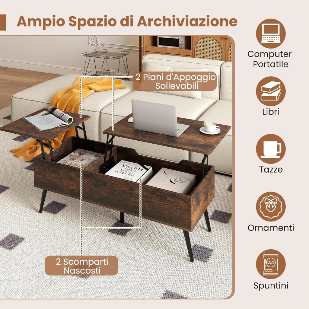 Tavolino da Caffè con Piano Sollevabile, Tavolino Moderno con 2 Scomparti Nascosti e Gambe in Metallo, Tavolo per Soggiorno, Studio e Ufficio, 111 x 48 x 40-53,5 cm (Marrone)