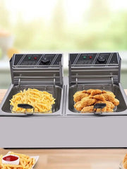 Friteuse Professionale - Capacità 12L - Regolazione della Temperatura - Riscaldamento Rapido - 2 Cesti e Coperture - Acciaio Inox