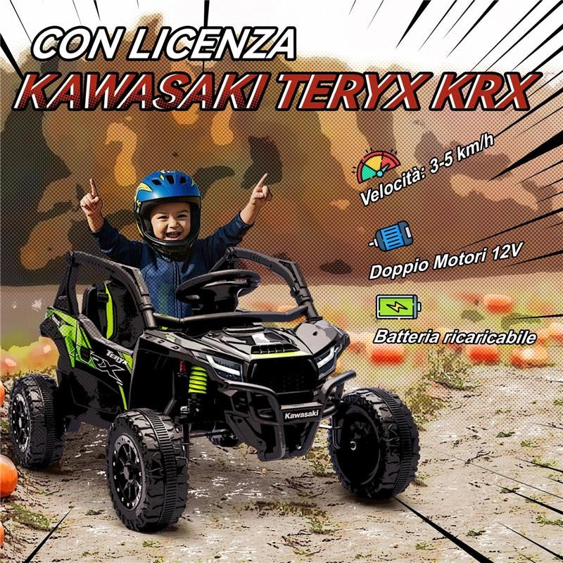 MACCHINA ELETTRICA PER BAMBINI 3-5 ANNI 12V CON LICENZA KAWASAKI, DOPPIO MOTORE, TELECOMANDO E MUSICA, NERO