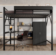 Letto a soppalco ULEVR 140x200 cm con scrivania, armadio integrato e ripiani, metallo e MDF nero