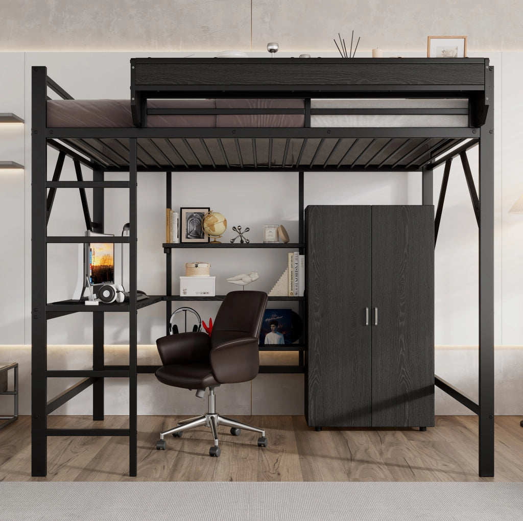 Letto a soppalco ULEVR 140x200 cm con scrivania, armadio integrato e ripiani, metallo e MDF nero
