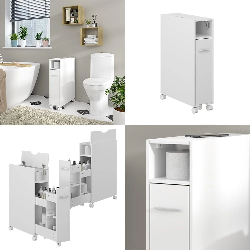 Armadietto per toilette Niva, Bianco, 18 x 71.3 cm Con scomparto estraibile, per una conservazione salvaspazio sopra il WC