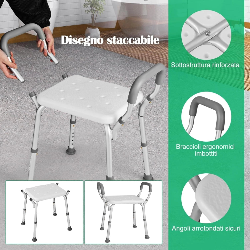 Sgabello Doccia, Sedia per Doccia Regolabile in 6 Altezze con Braccioli Imbottiti Staccabili e Piedini in Gomma Antiscivola, Portata 100 kg, Seggiolino da Bagno per Anziani (Blu) (Grigio)