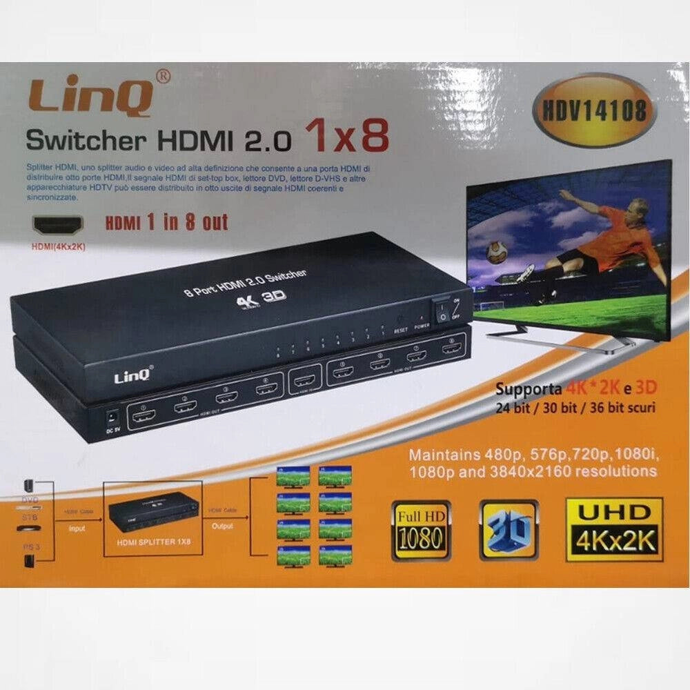 Trade Shop - Switch Switcher Hdmi 2.0 1x8 Porte Hdmi Uhd Supporto 4k 2k 3d Splitter Hdv14108 -