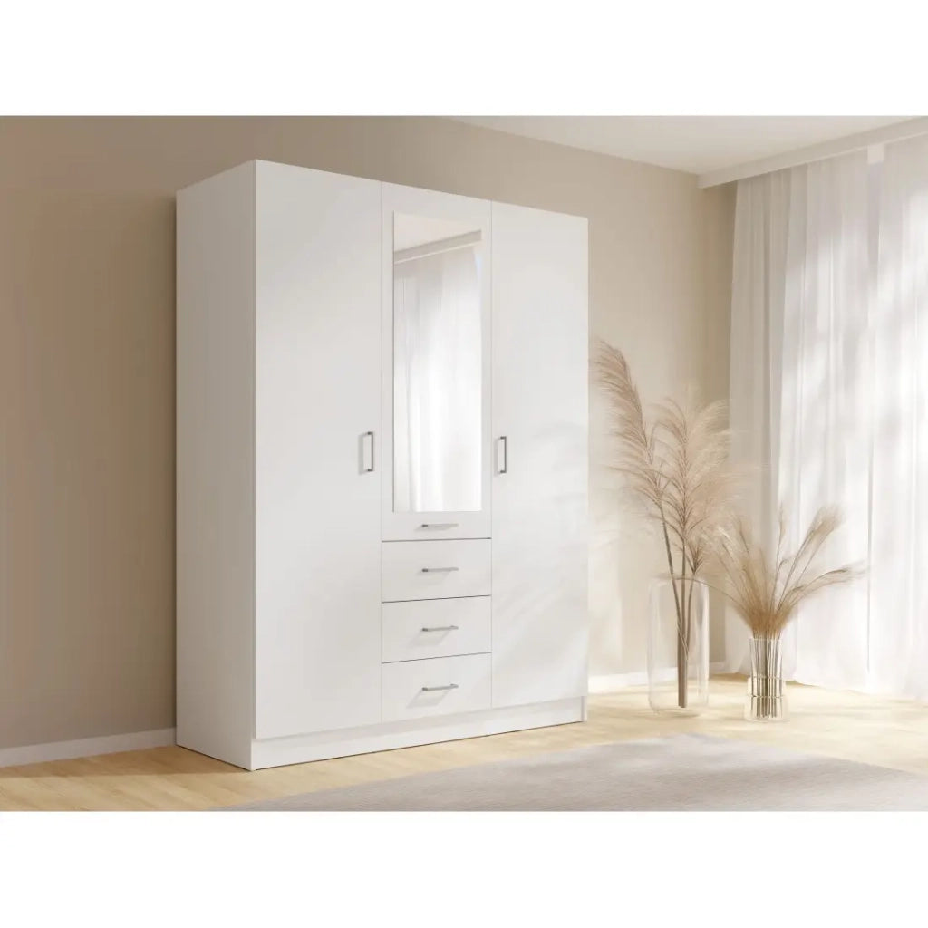 Armadio KALISTA 151 cm bianco opaco con specchio e 3 cassetti – 3 ante a battente