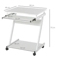 Tavolo Porta PC Classico e Salvaspazio, Piano Tastiera a Scomparsa, 4 Ruote e Ripiano Inferiore Bianco 60x48x73cm