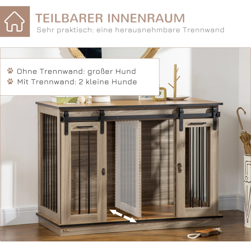 Gabbia per cani 2 in 1 con divisorio e 2 porte per interni in metallo e legno color rovere 120 × 60 × 88,5 cm