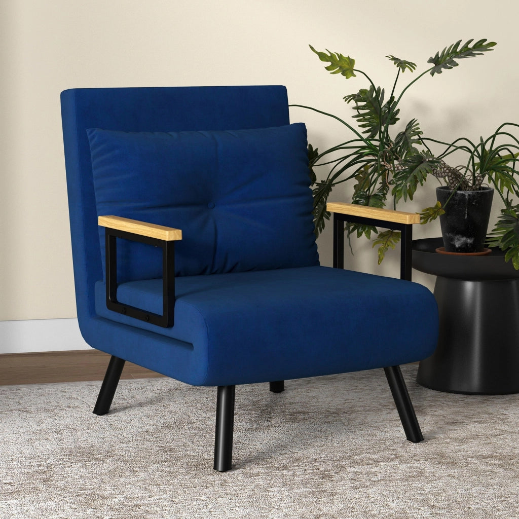 Poltrona Letto Singolo Reclinabile con Cuscino Sfoderabile in Tessuto Effetto Lino Blu