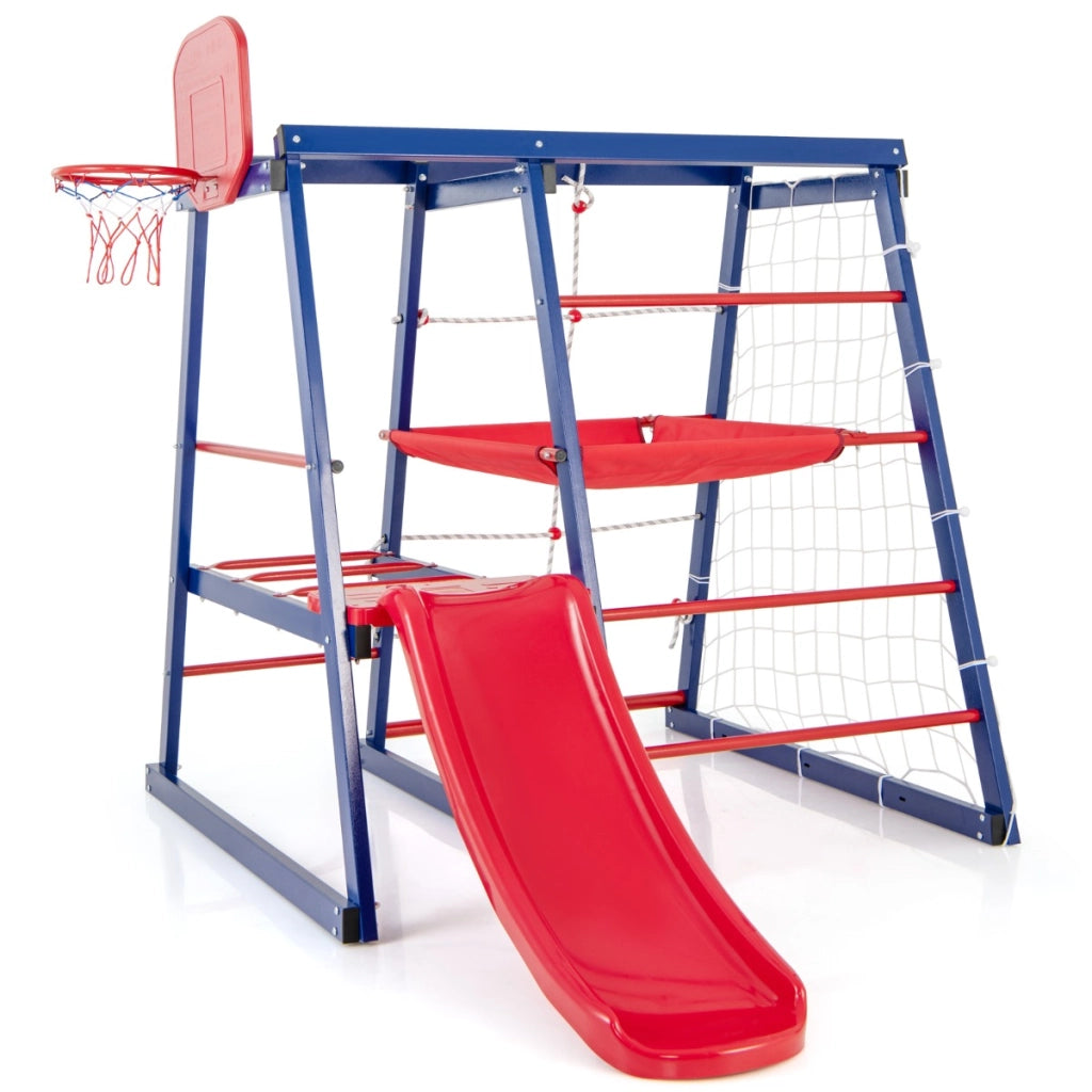 7-in-1 Parco giochi con scivolo e rete scala rampicante e scala di corda 150x142x146cm-Arrampicate e scivoli