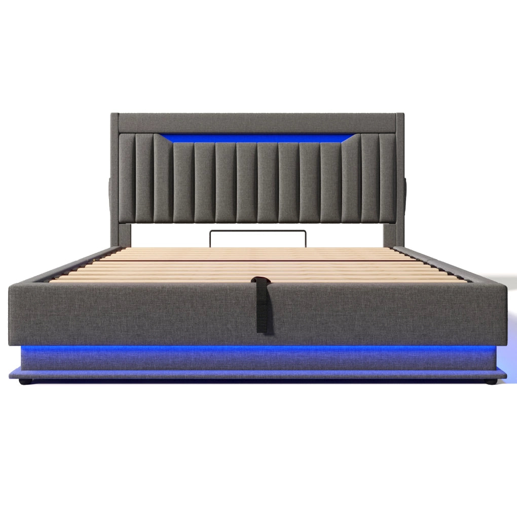 Letto matrimoniale 140x200 cm in lino grigio con LED; testiera con USB e porta Type-C; contenitore idraulico