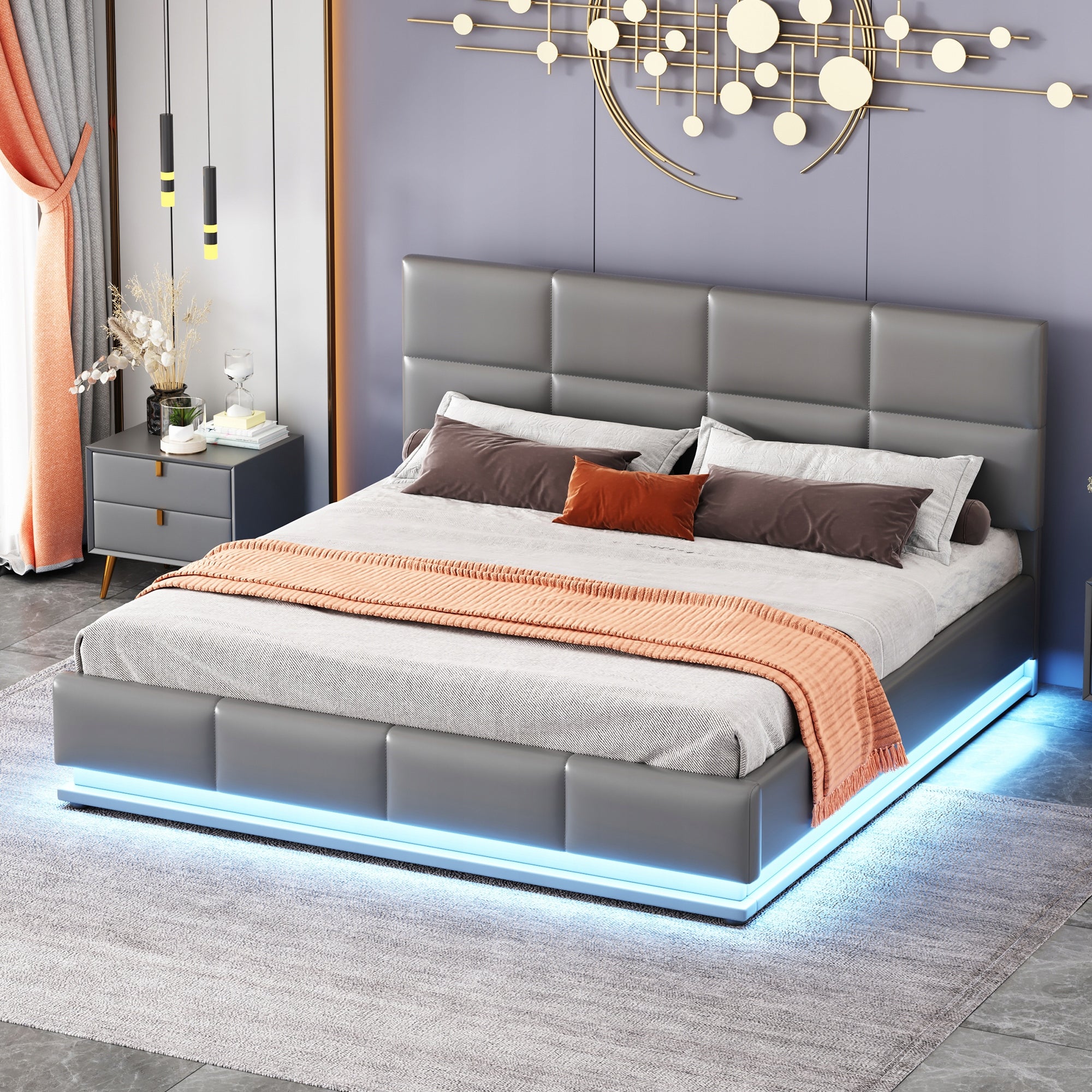 Letto imbottito 160x200 grigio con LED e ripostiglio - Xylo