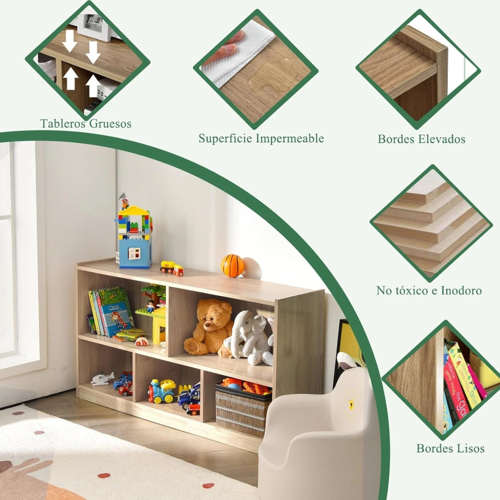 Libreria per bambini, con 5 scomparti aperti, per giocattoli, per libri e giocattoli, per cameretta dei bambini, 111 x 30 x 61,5 cm (naturale)