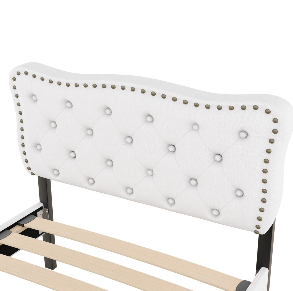 Letto imbottito 90x200 cm beige chiaro con cassetti doppi e decorazioni con borchie