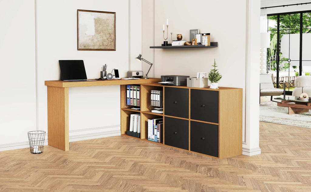 Scrivania angolare girevole 360° con sideboard, MDF, 8 vani, 4 cassetti, nero e rovere