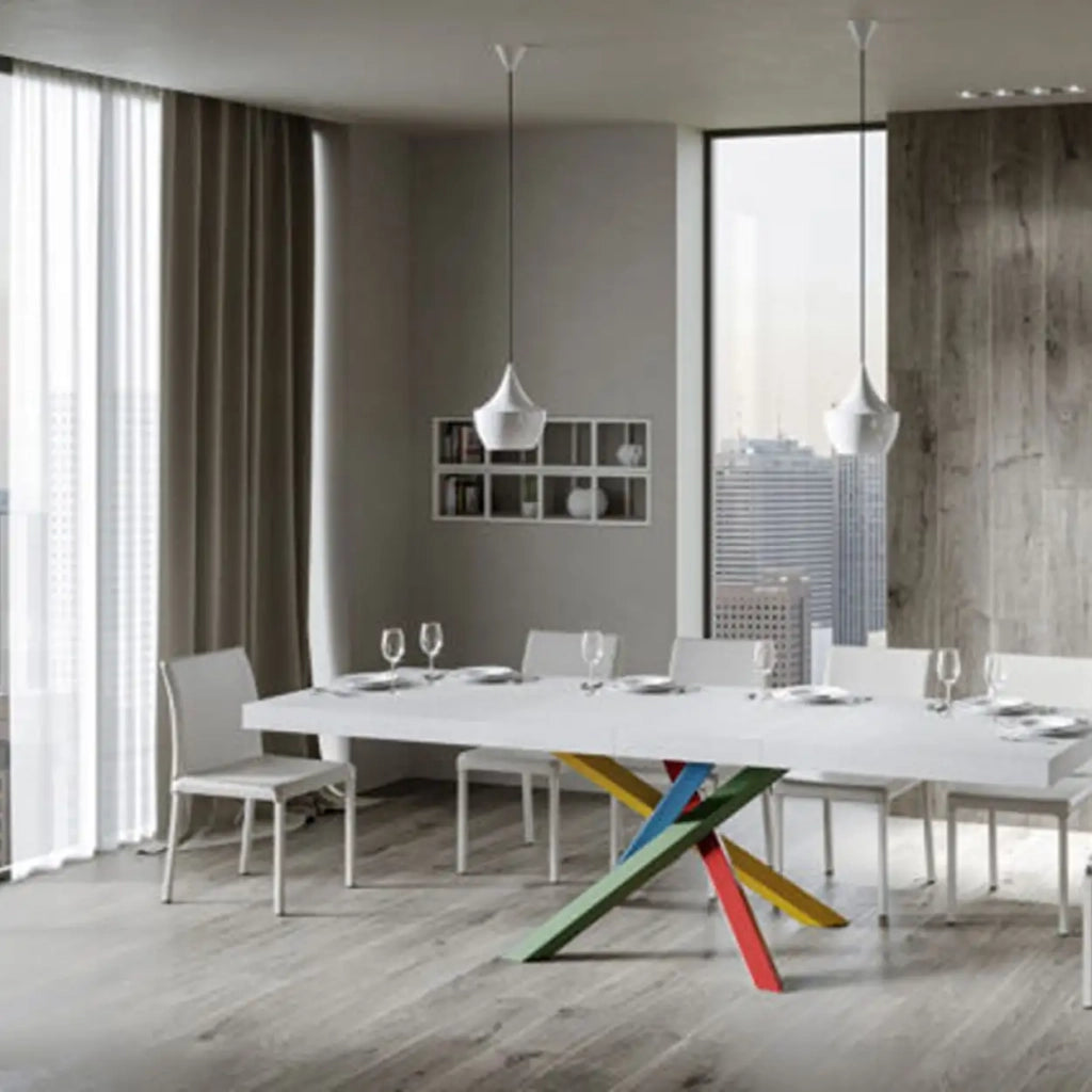 Tavolo allungabile 120/380x90 cm Volantis Premium colore bianco frassino gambe multicolore 4/B