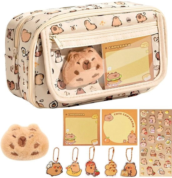 Etui per capybara, set di scuola multistrato, con chiusura, adesivi, fermaglio, cartoncini adesivi - progetto 2-in-1 rimovibile, grande capacità, stile regalo per studenti e ufficio