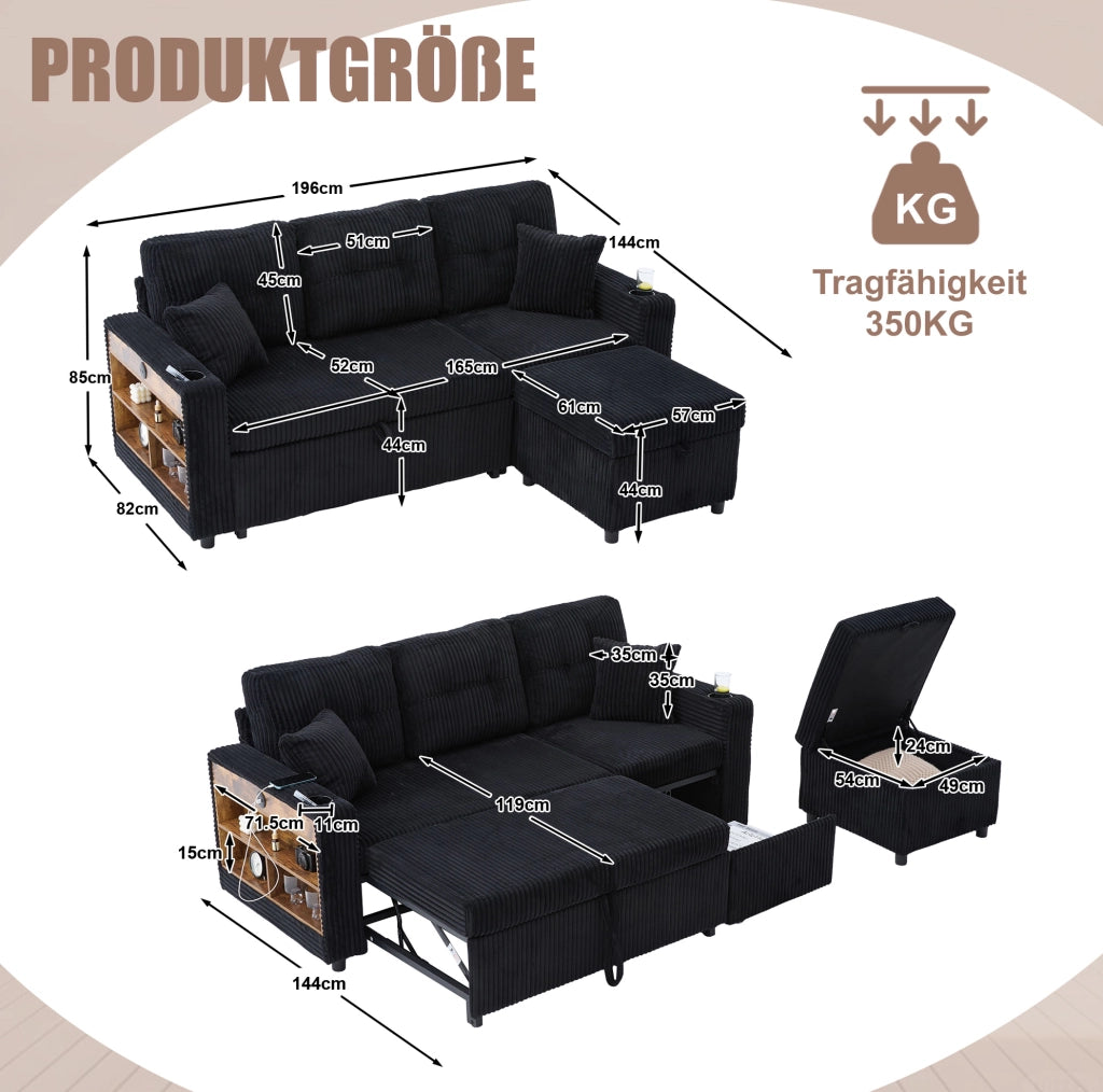 Divano letto con contenitore e USB-C 196x82-144x85 cm in corduroy nero con LED