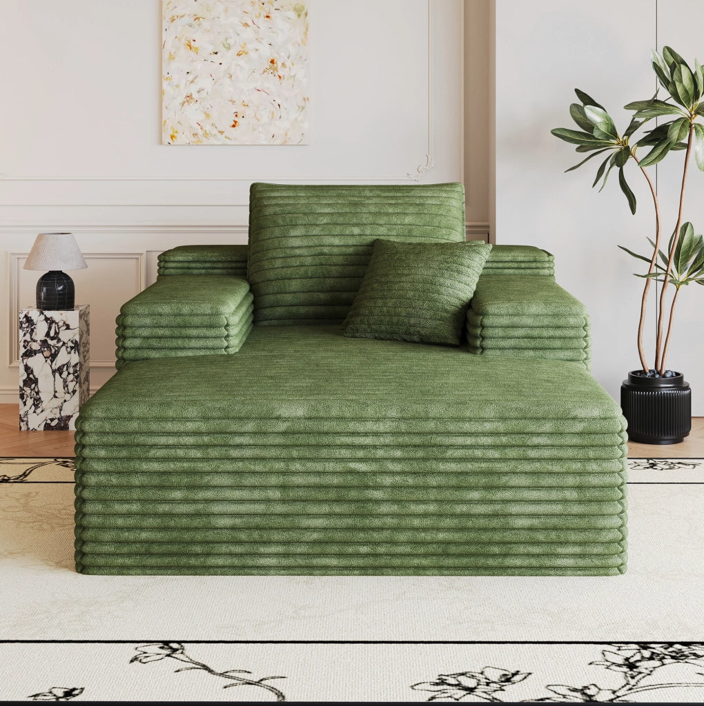 Divano chaise longue in velluto a coste verde con schiuma ad alta elasticità