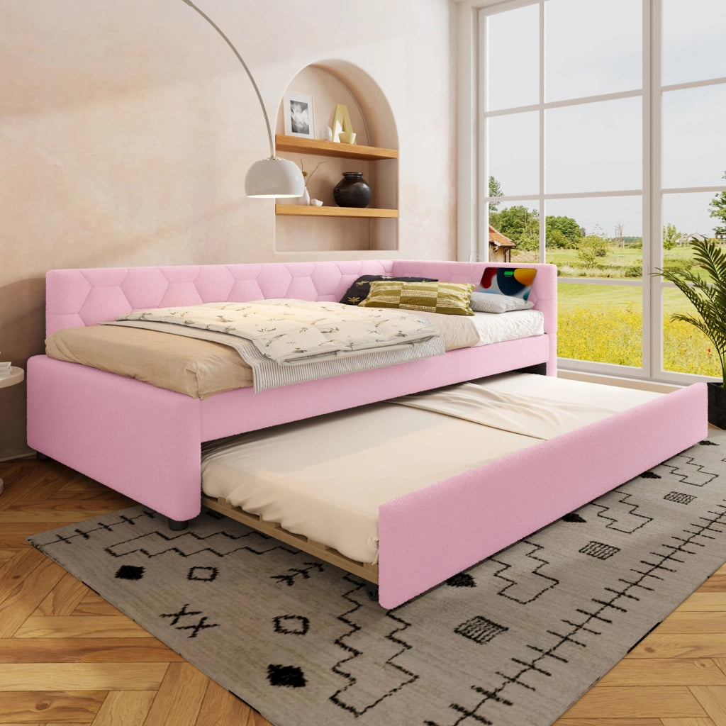 Letto da giorno ULEVR 90x200 cm in boucl¨¦ rosa con letto estraibile, luce da comodino, USB e Type-C