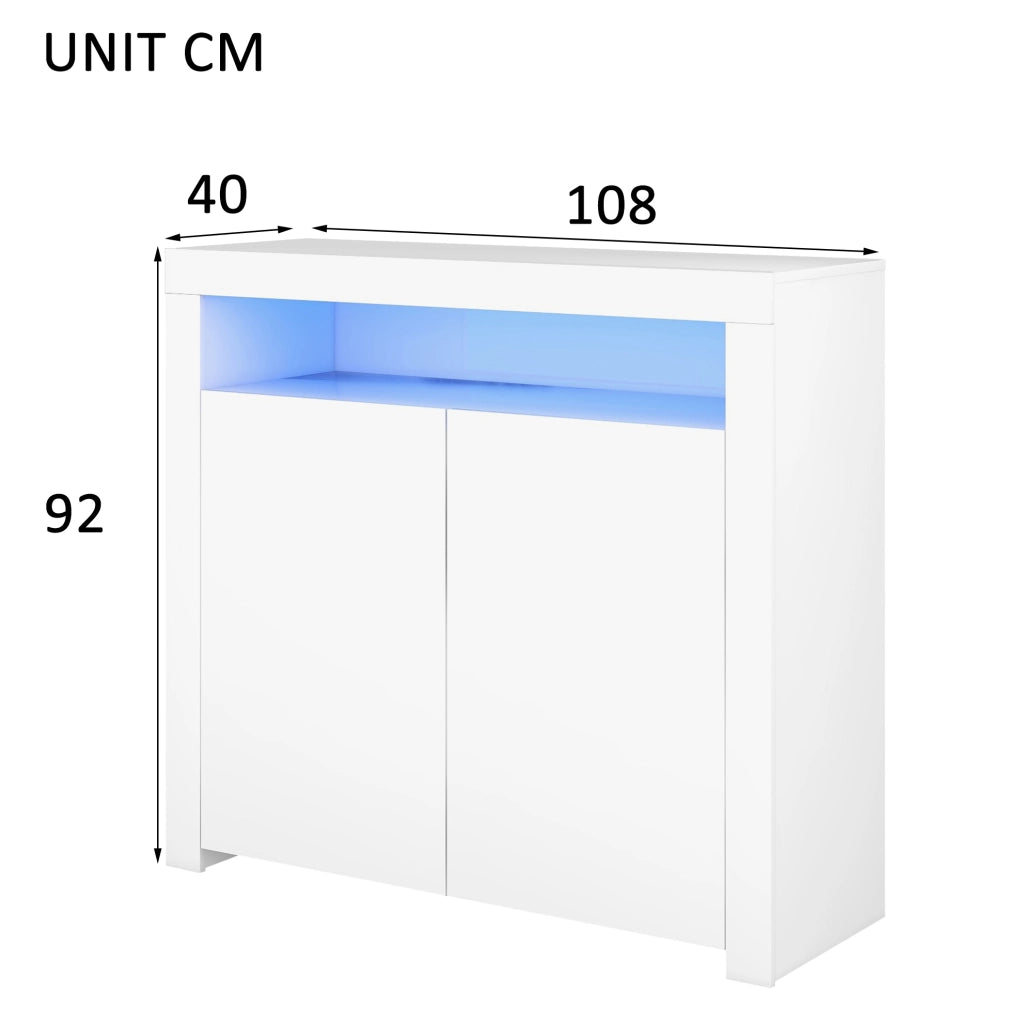 Credenza bianca con LED, 2 ante e vano a giorno