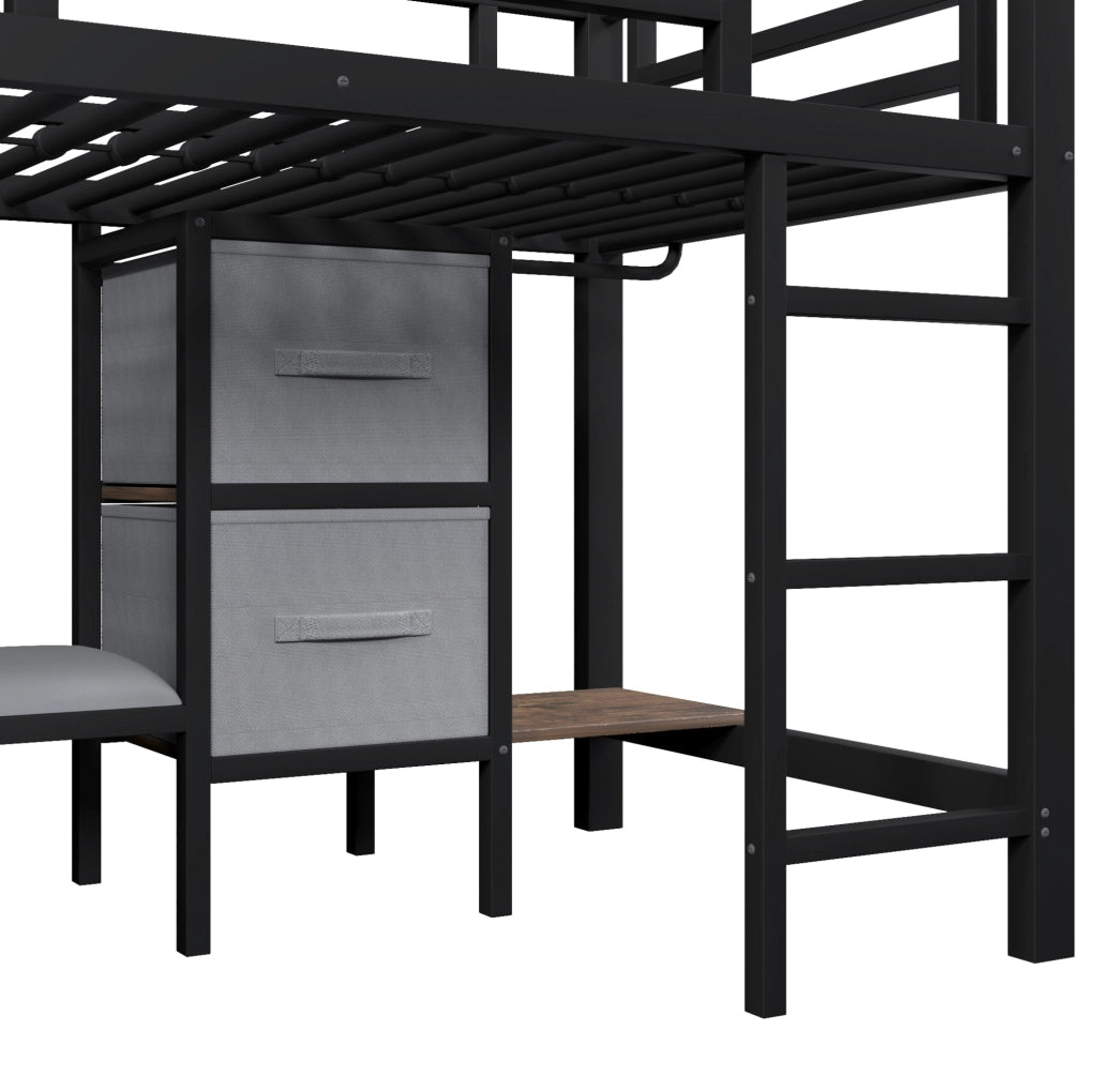 Letto a mezza altezza 90x200 cm in metallo nero con LED, cassetti e tasche