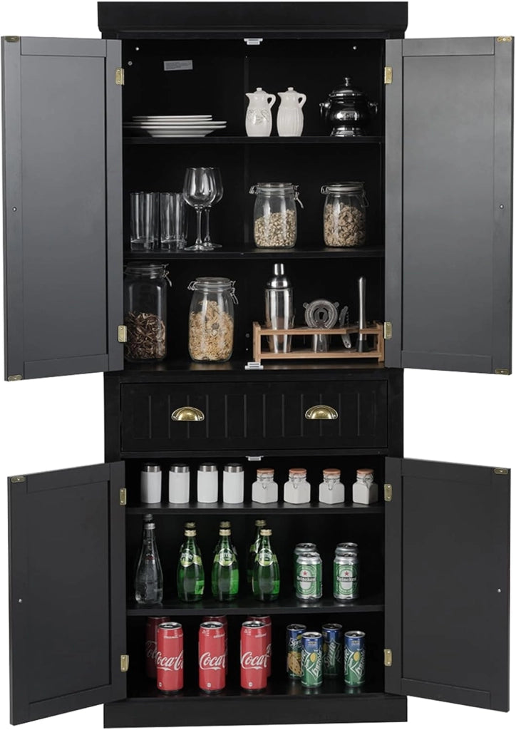Armadietto portaoggetti multiuso con 1 cassetto e 4 ante, 76 x 40 x 183,5 cm, mobile alto per cucina, soggiorno e bagno, armadietto da bagno in legno (nero)