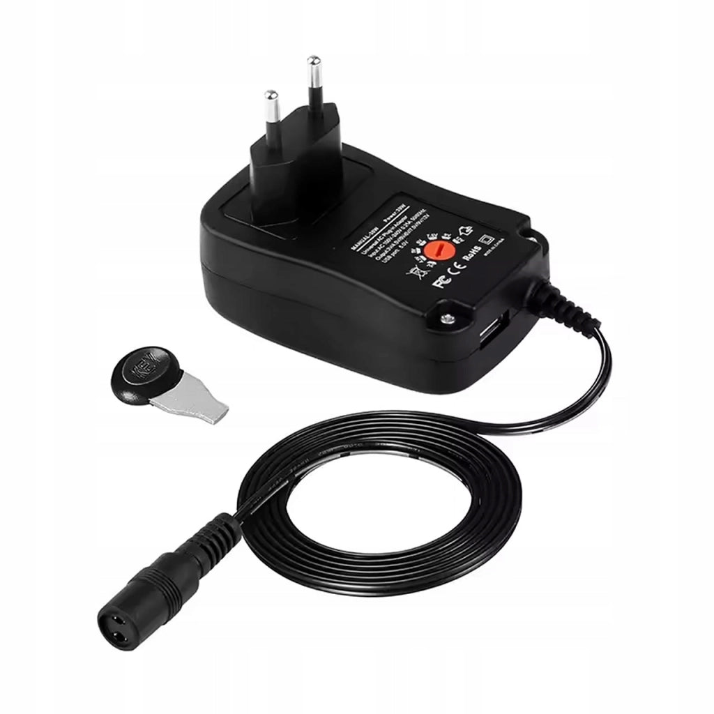 Alimentatore Universale DC 30W – Regolabile 3–12V, 1.2A | 6 Connettori Elbow, USB | Compatto, Certificato CE, FCC, RoHS