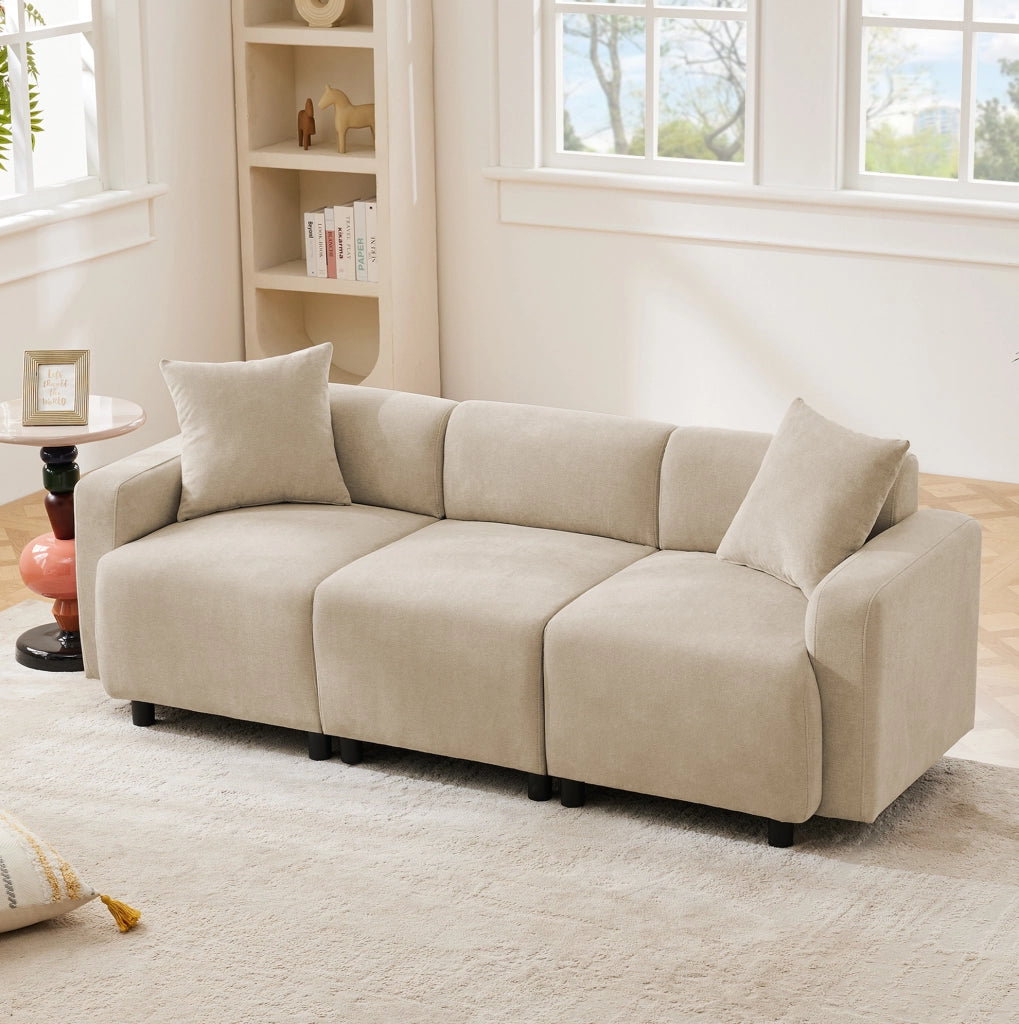 Divano a 3 posti in chenille beige; 211 cm
