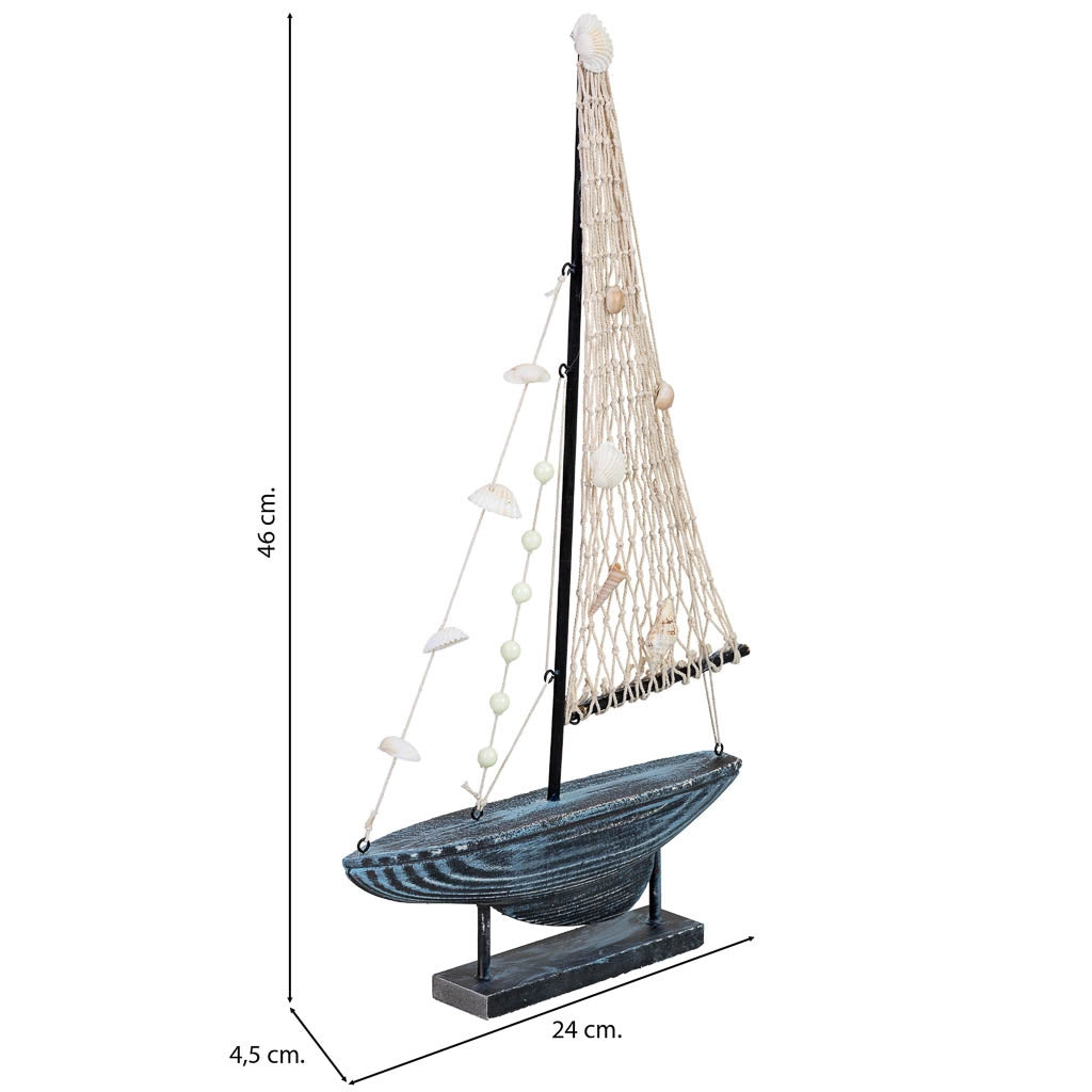 Figura decorativa a forma di barca in legno blu 24x4,5x46h cm