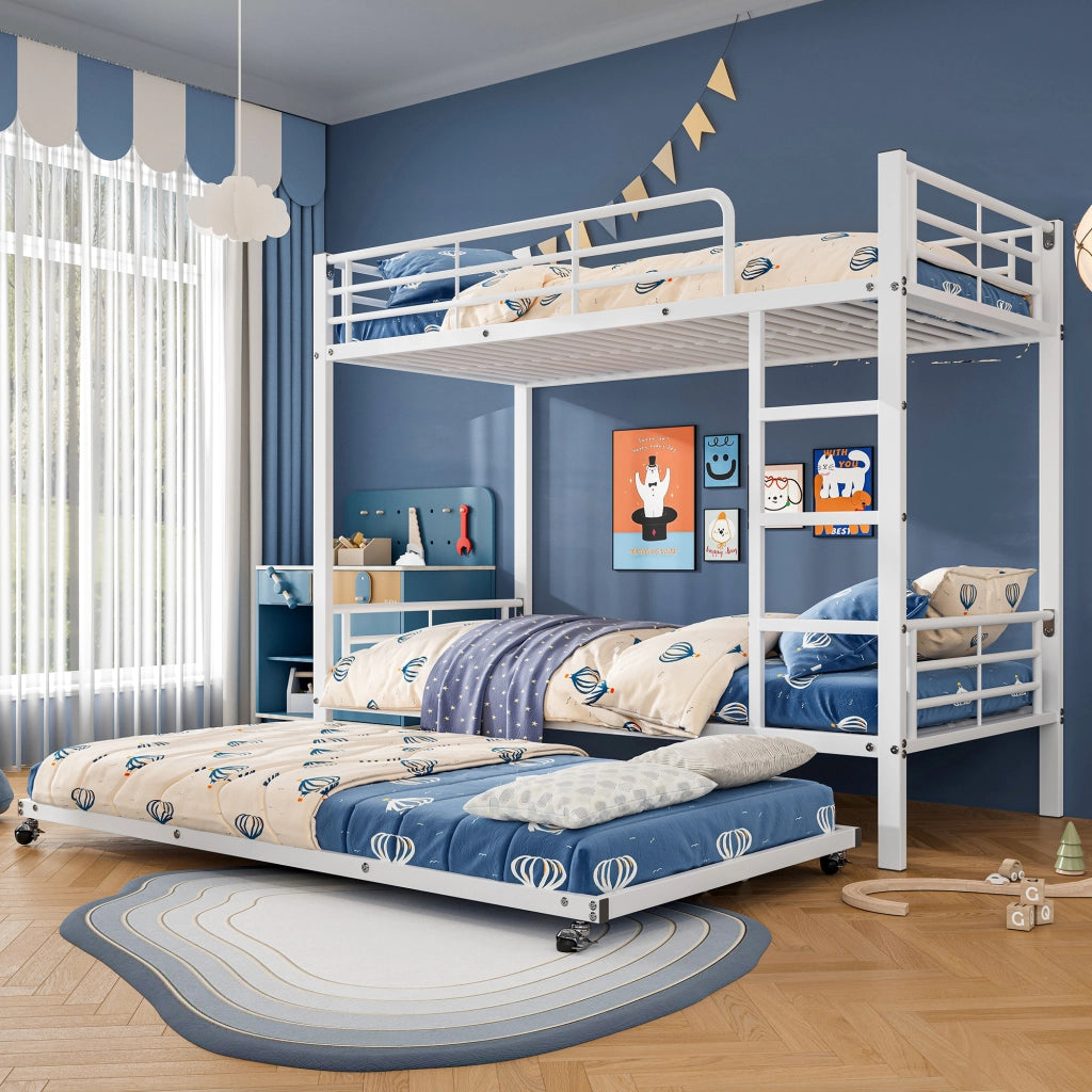 Letto a Castello 90x200 cm e 90x190 cm; Letto 3 Posti - Estraibile - Metallo - Bianco