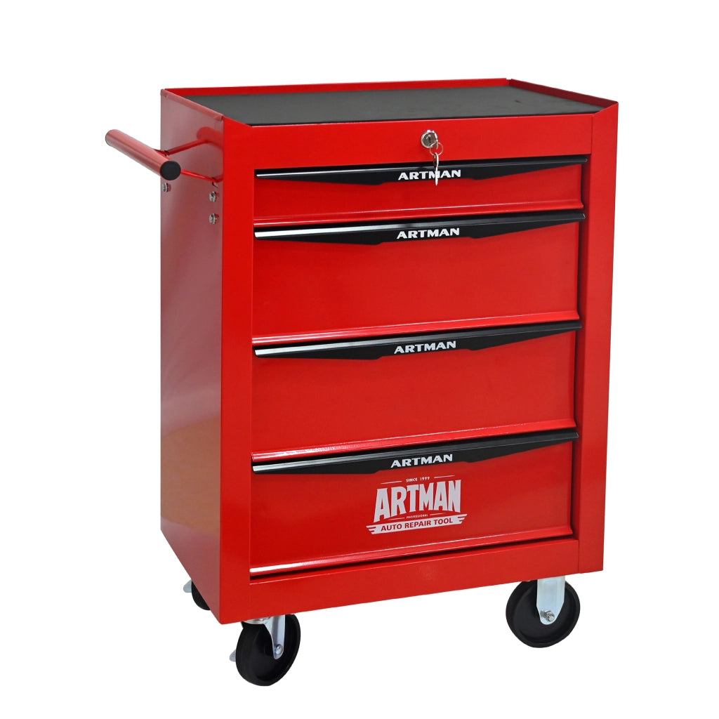 Carrello portautensili con 4 cassetti, 4 ruote e serratura, in acciaio, per garage e officina, rosso nero, 60 × 33 × 77.5 cm