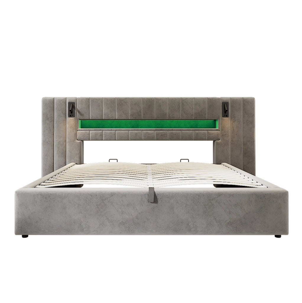 Letto matrimoniale imbottito 180x200 cm in velluto grigio con USB; LED e contenitore