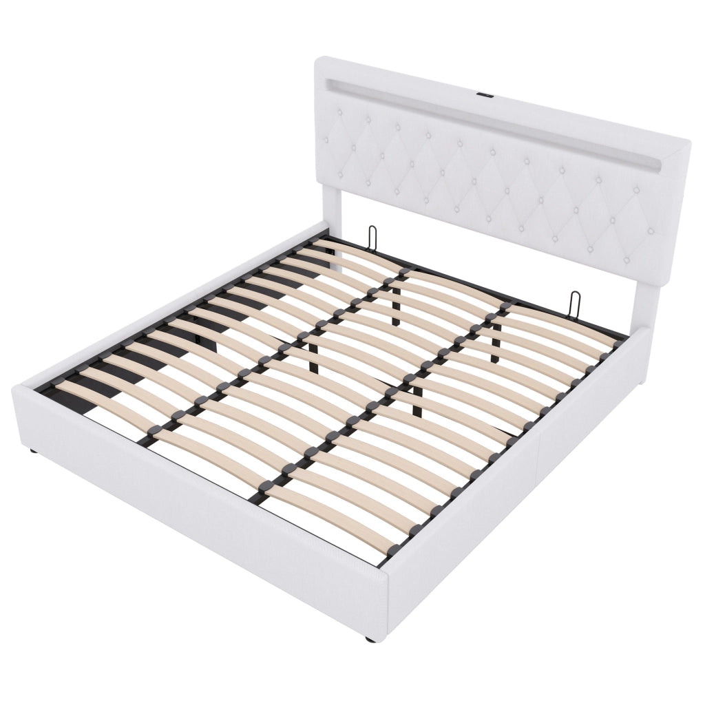 Letto imbottito 180x200 cm con sollevamento idraulico; LED USB; lino e MDF; bianco