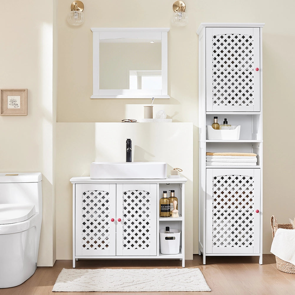 SoBuy Mobile Sottolavabo Bagno con 2 Ante e Ripiano Aperto – Mobiletto Bagno Sottolavabo in MDF E1, Ripiano Regolabile, Capacità 42kg – Mobili Salvaspazio 80x31,5x60,5cm BZR210-W