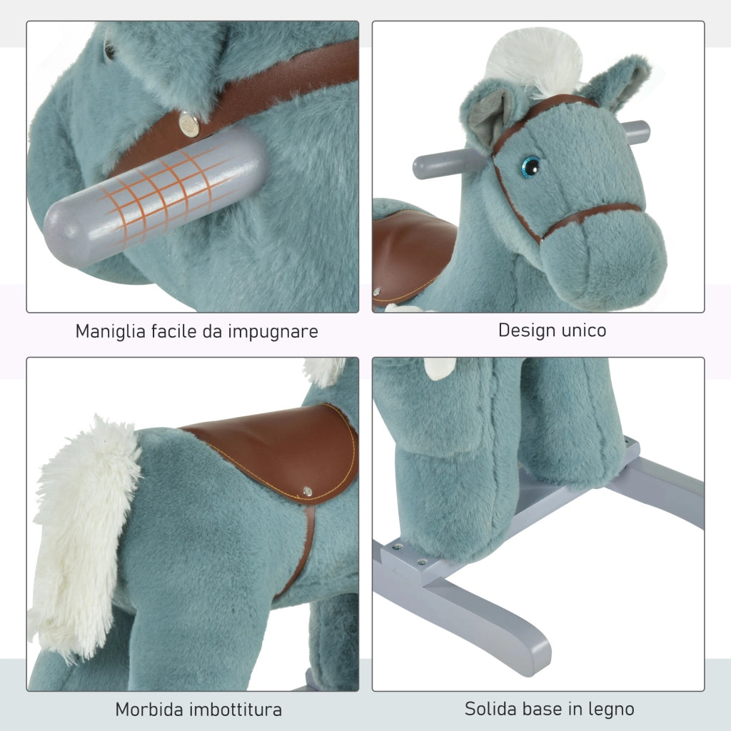 EasyComfort Cavallo a Dondolo per Bambini in Peluche e Legno con Suoni e Orsetto Incluso, per Bimbi da 18-36 Mesi, 65x26x55cm, Blu