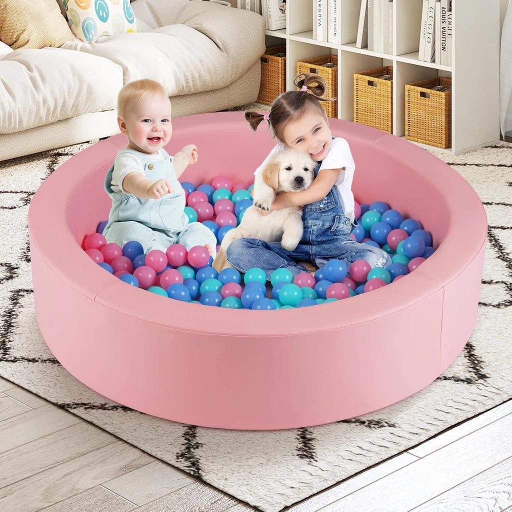 Piscina di Palline per Bambini, Vasca Rotonda con 200 Palline Colorate, Sacchetto in Rete e Copertura Rimovibile, Piscinetta in Morbida Schiuma per Soggiorno e Camera di Bambino (Rosa)