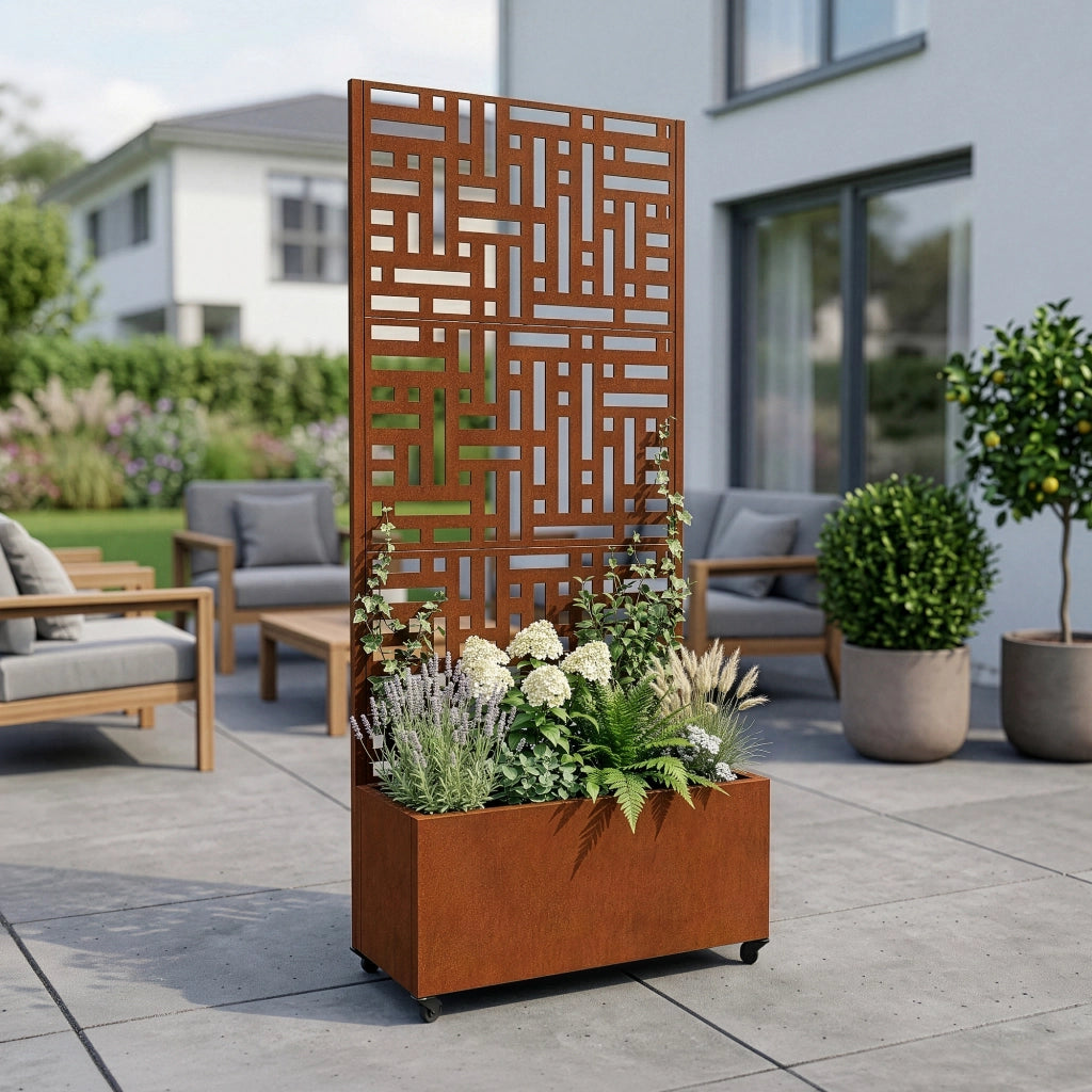 Fioriera con Spalliera Bernalda a 4 Rotelle 190 x 82 x 38 cm Acciaio Corten - Marrone Ossidato casa.pro