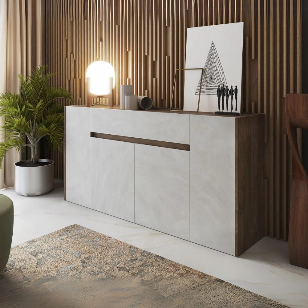 Madia Nordik 4 ante e 1 cassetto in noce e bianco spatolato 170x39.6x85H – Stile e funzionalità