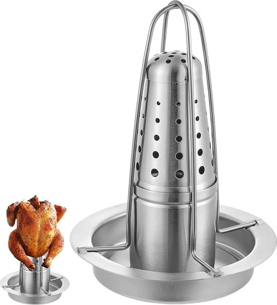 Cassettino per pollo in acciaio inossidabile - griglia per birra verticale per pollo - 23 x 18 cm - cassettino per pollo rimovibile - accessorio barbecue con contenitore per aromi.