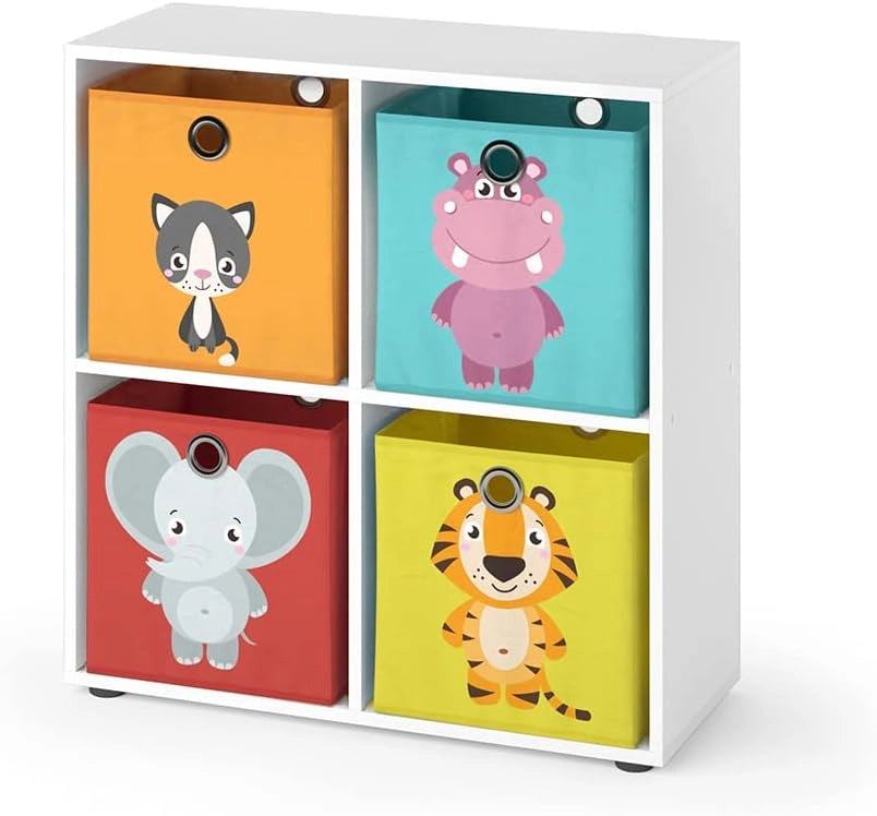 Libreria bambini Tetra, Bianco, 72.6 x 72 cm con 4 scatole pieghevoli (rosso/giallo), adatto per riporre giocattoli e libri