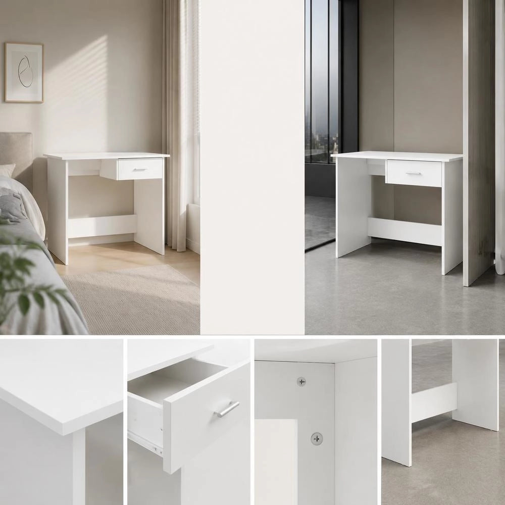 Modern White Desk With Drawer, Wooden Computer Table For Home Office Bedroom Small Space, Easy Clean Surface, 100x50x76 Cm