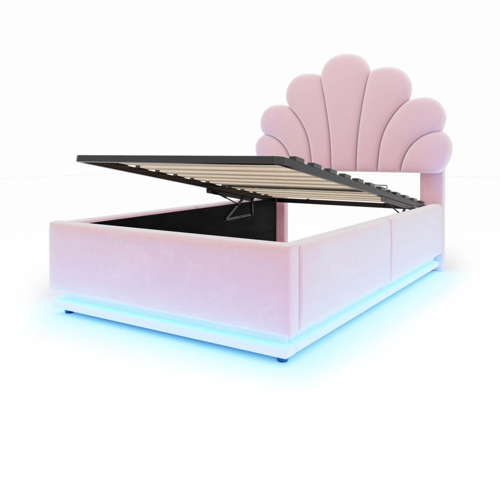 LETTO Imbottito Contenitore 90x200 cm Velluto Rosa con LED